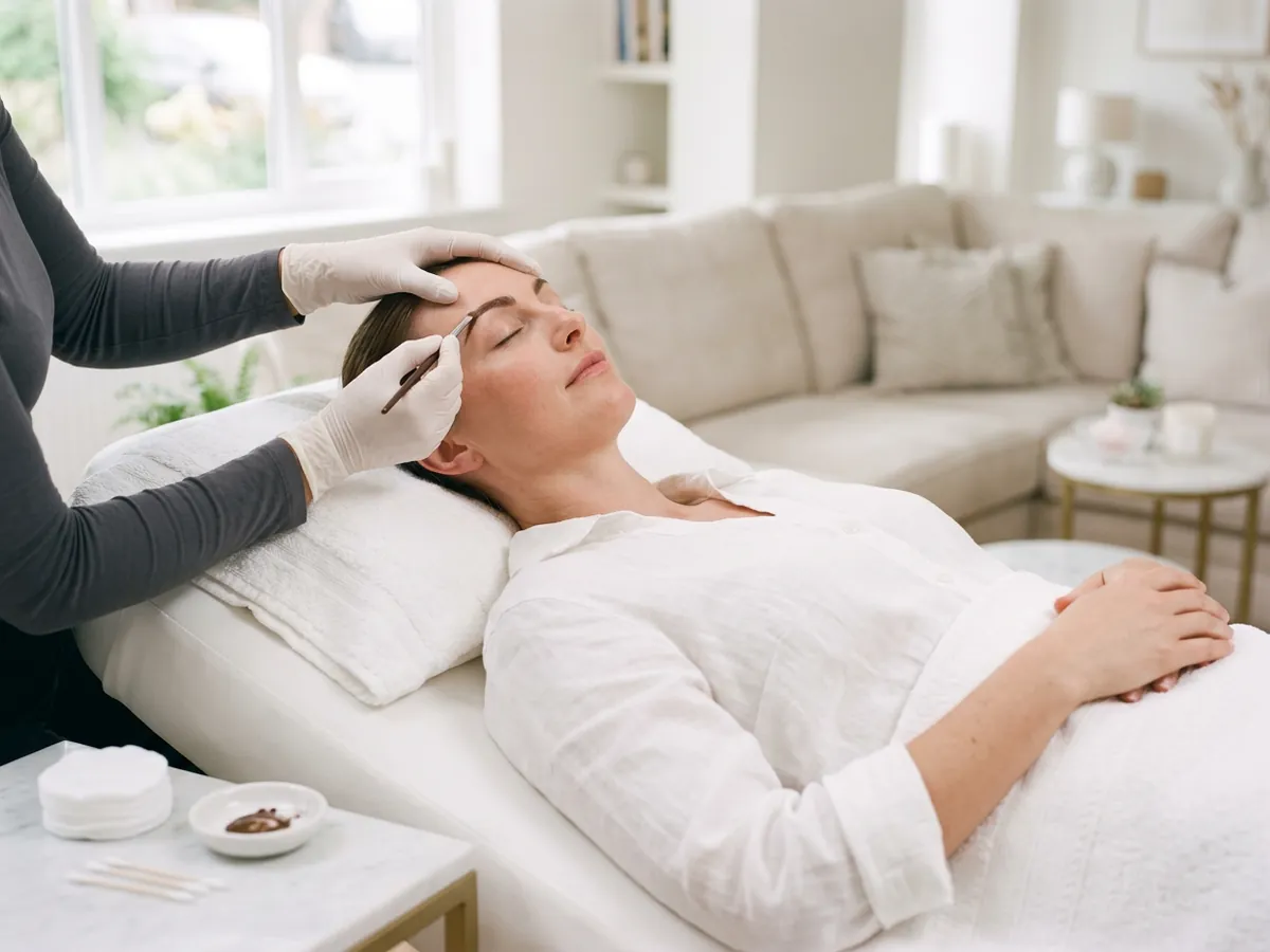Therapist applying a brow tint during a home visit