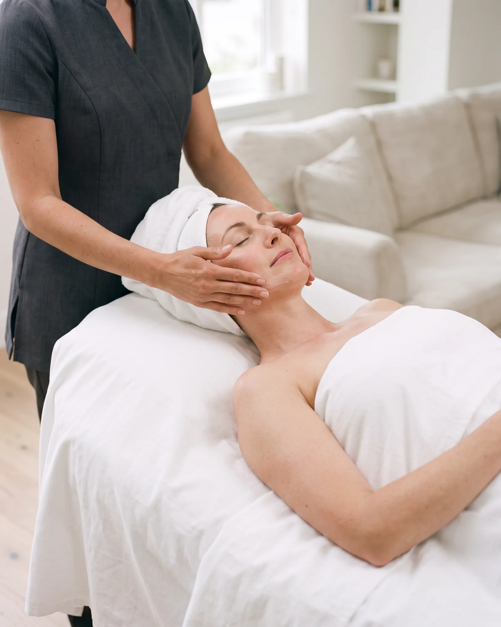 Client relaxing during a facial at home in Nottingham