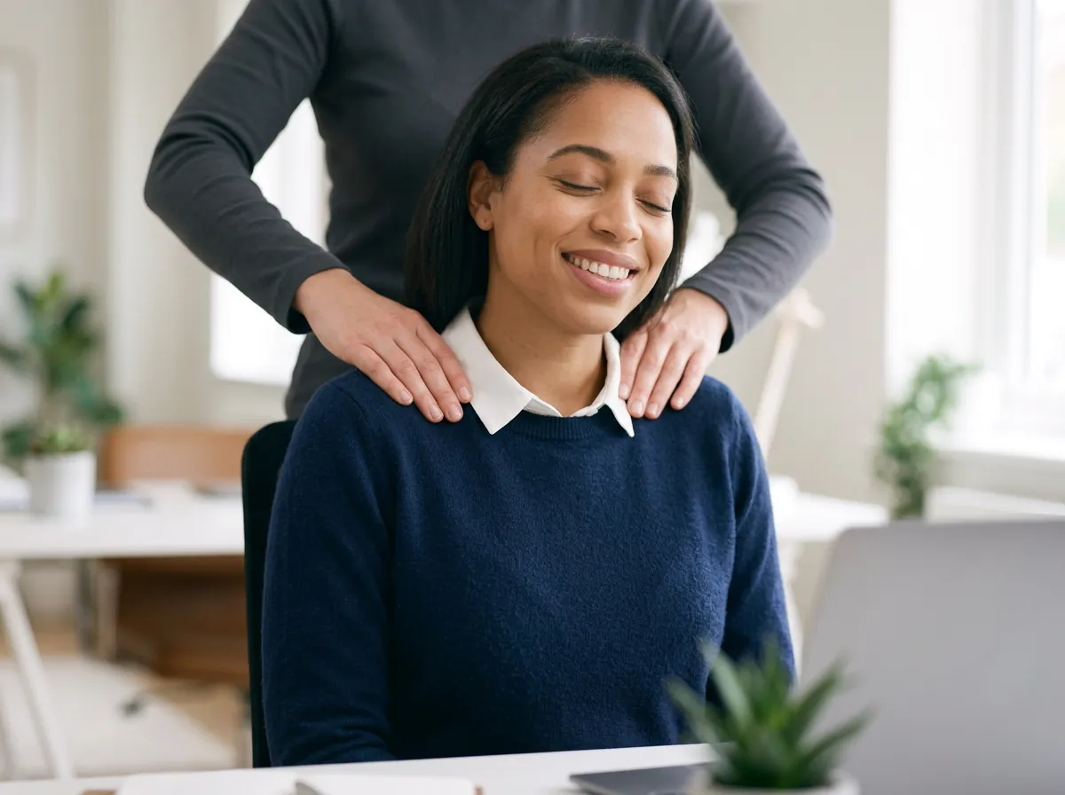 Therapist giving a clothed chair massage in an office Therapist giving a clothed chair massage in an office