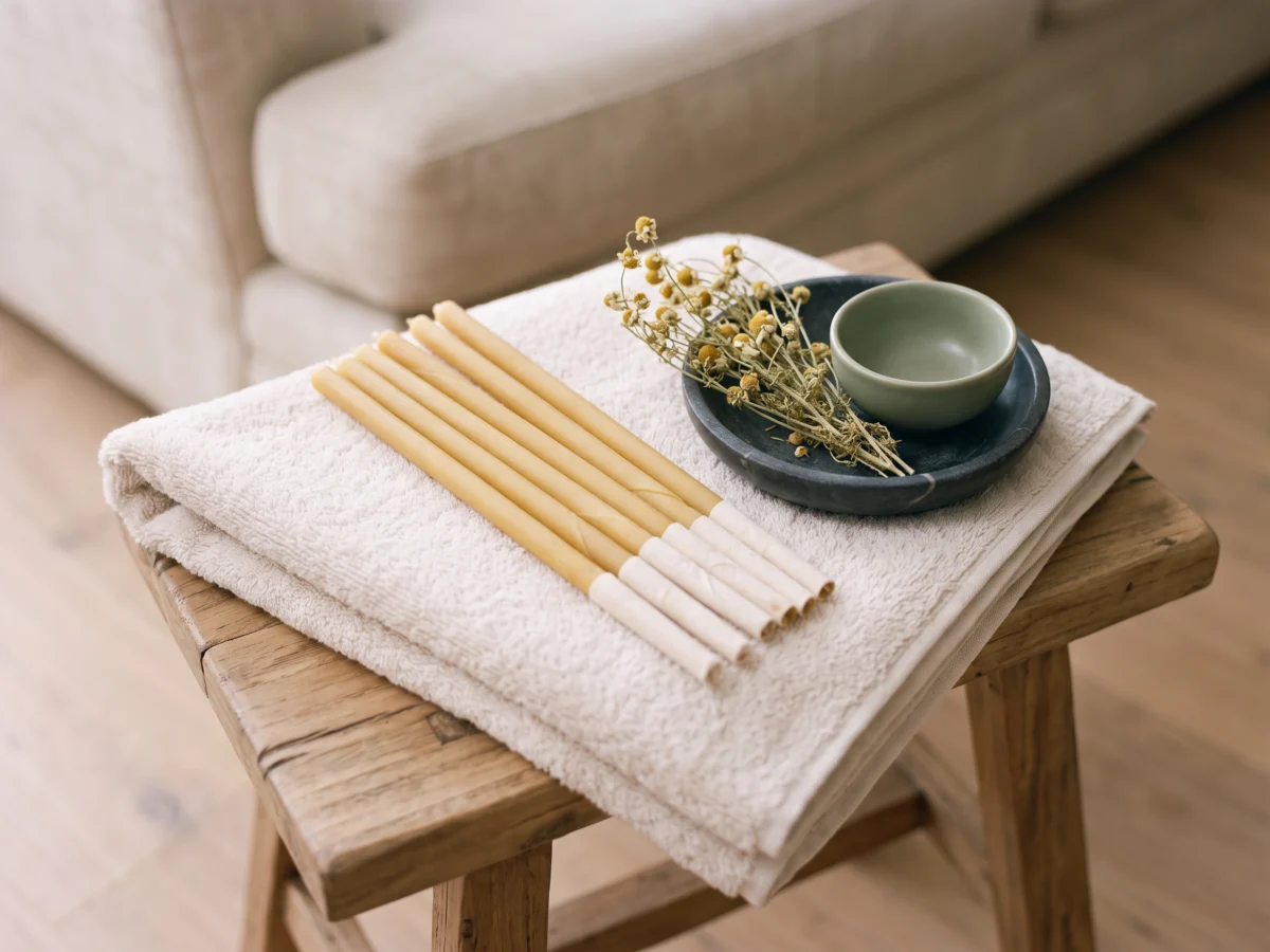 Natural beeswax Hopi ear candles laid on a towel with dried chamomile Natural beeswax Hopi ear candles laid on a towel with dried chamomile