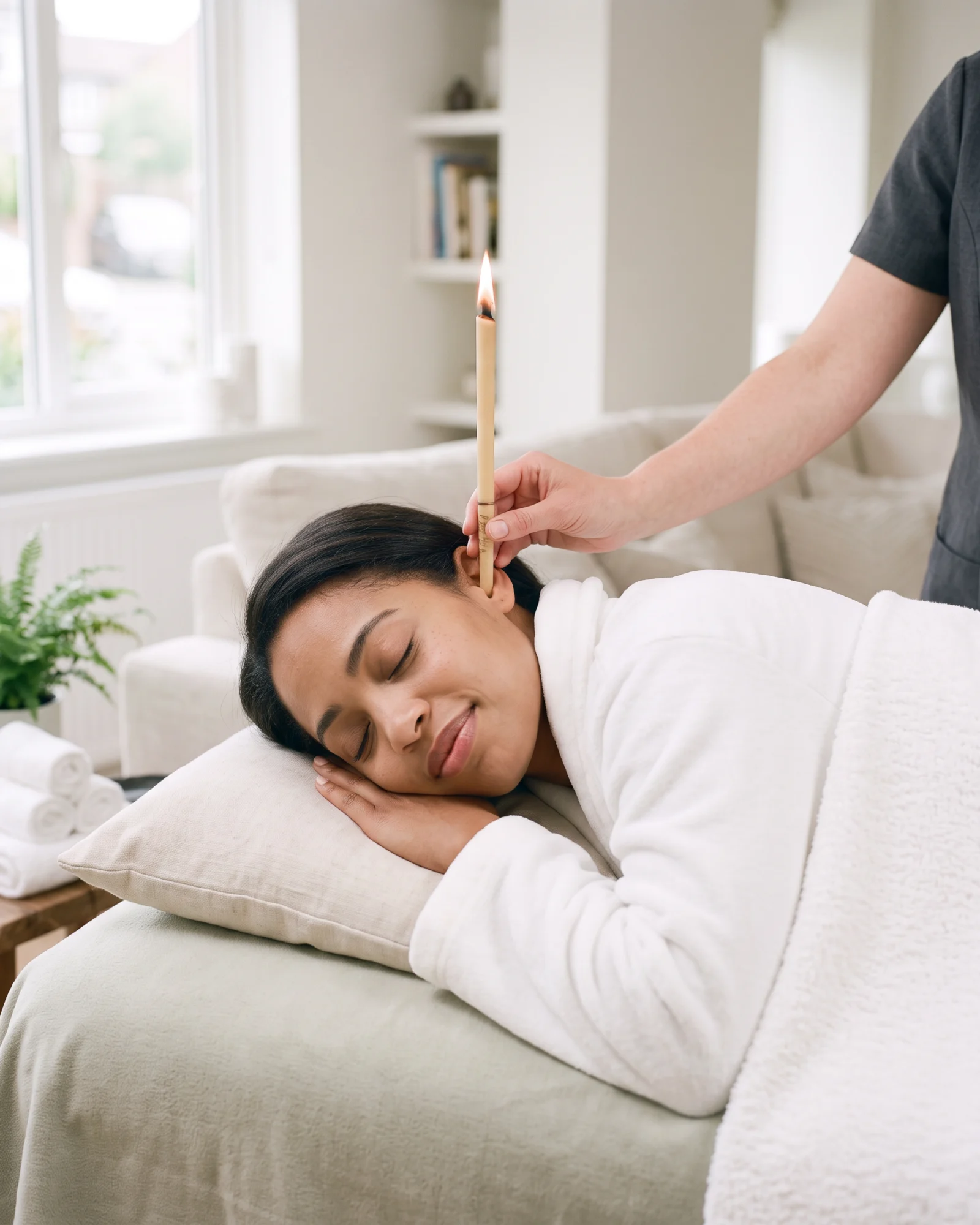 Client lying on her side during a Hopi ear candling treatment with a lit ear candle Client lying on her side during a Hopi ear candling treatment with a lit ear candle