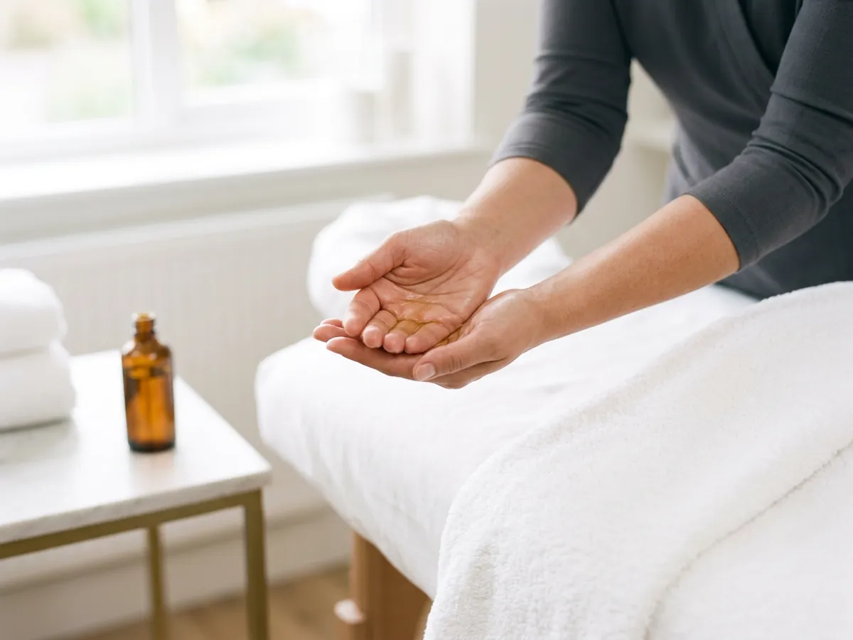 Therapist preparing aromatherapy massage oils Therapist preparing aromatherapy massage oils