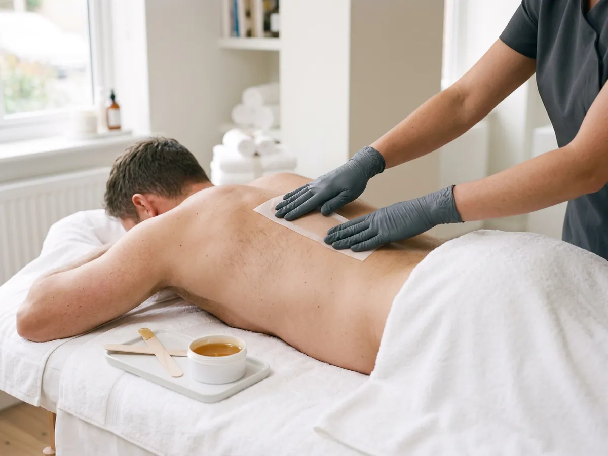 Therapist carrying out a men's back wax Therapist carrying out a men's back wax