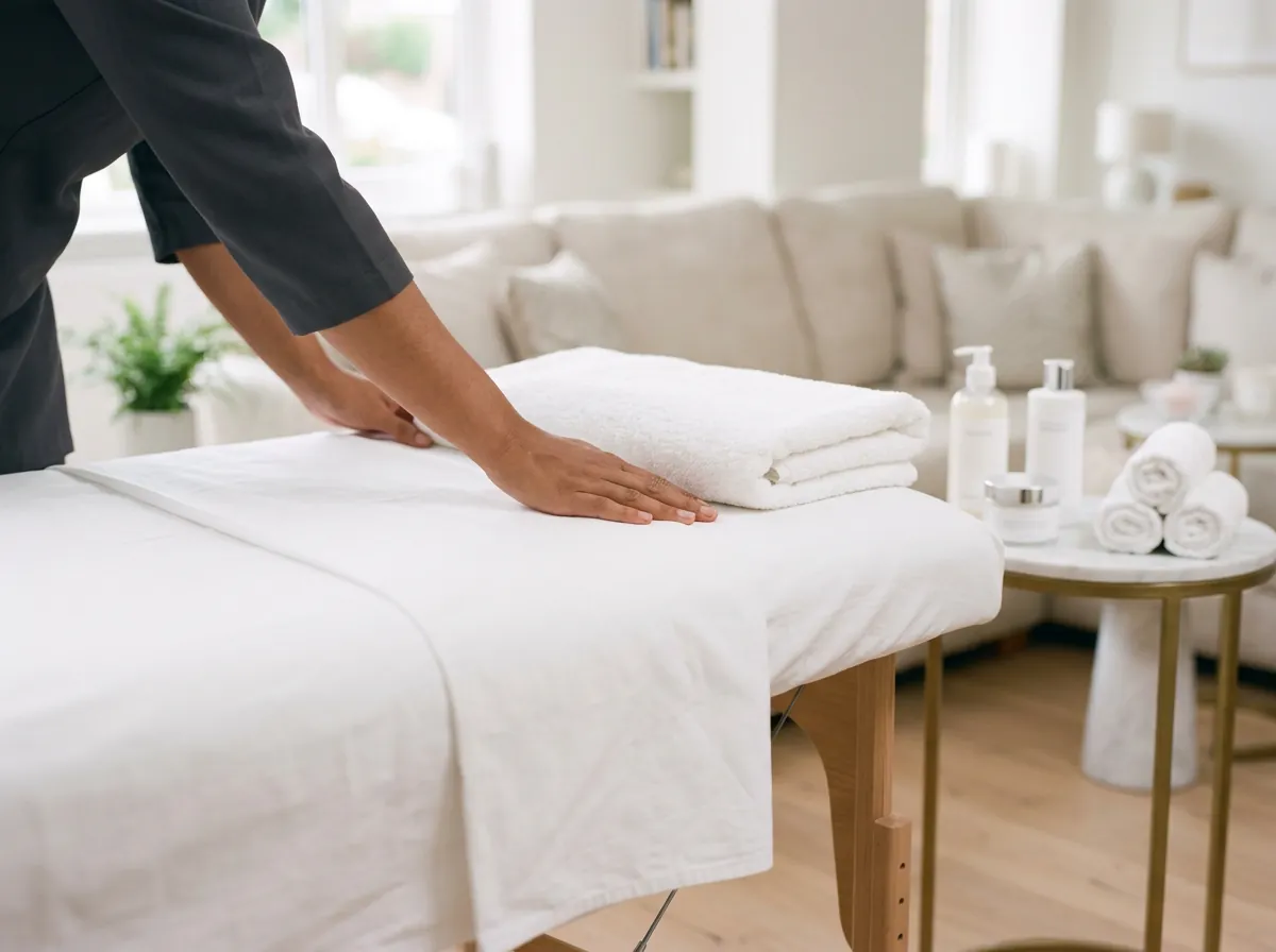 Bluu therapist setting up a treatment couch for a pamper party Bluu therapist setting up a treatment couch for a pamper party