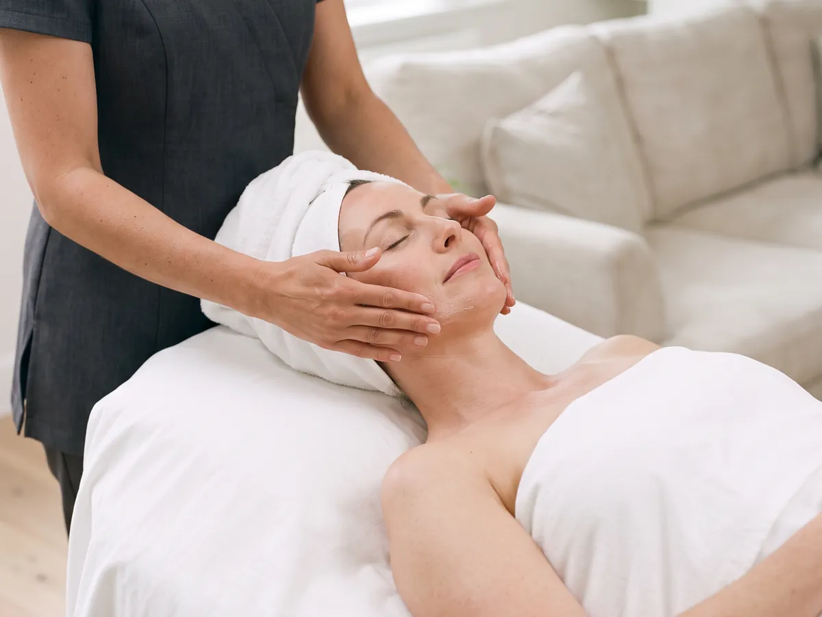 Client relaxing during a facial at home Client relaxing during a facial at home