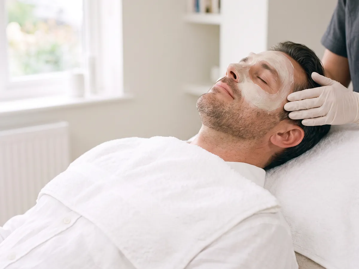 Man relaxing during a professional facial Man relaxing during a professional facial