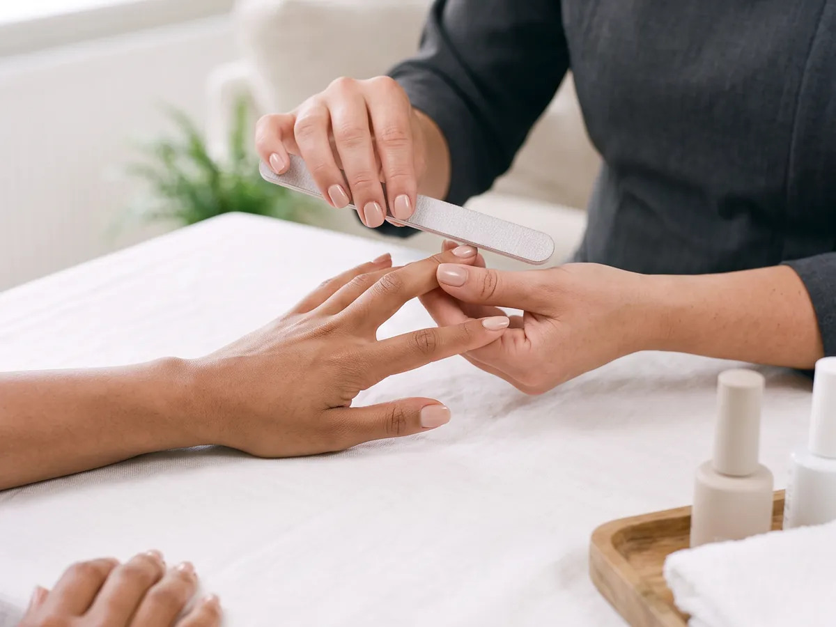 Client having a BIAB manicure at home Client having a BIAB manicure at home