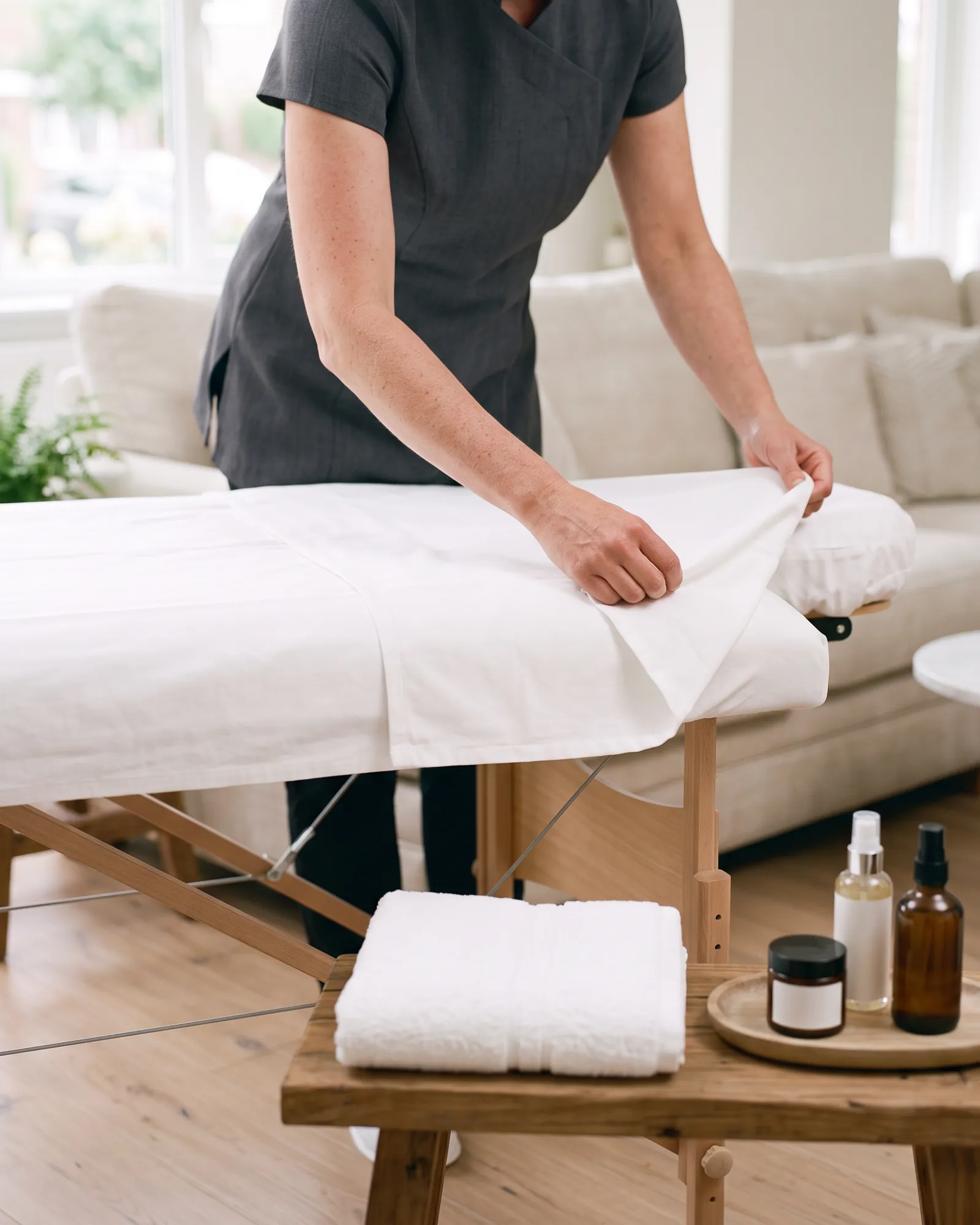 Therapist setting up a treatment couch in a bright living room Therapist setting up a treatment couch in a bright living room