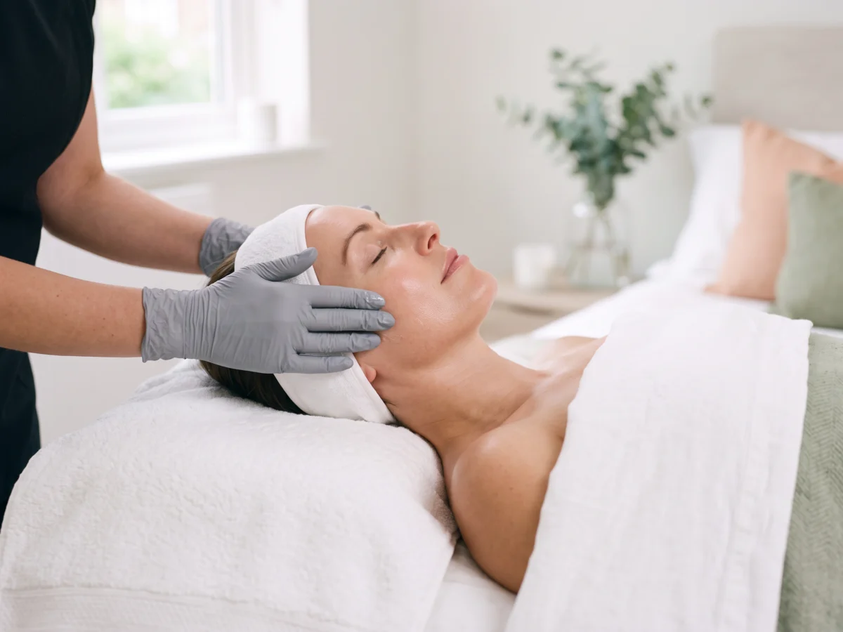 Client relaxing with fresh, glowing skin after a dermaplaning facial Client relaxing with fresh, glowing skin after a dermaplaning facial