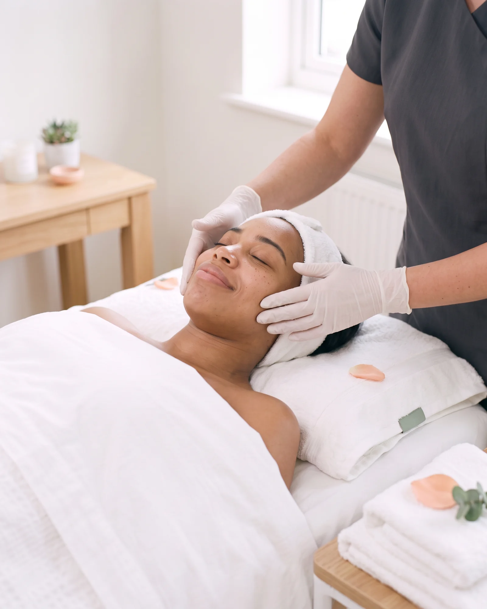 Relaxed client enjoying a facial at home