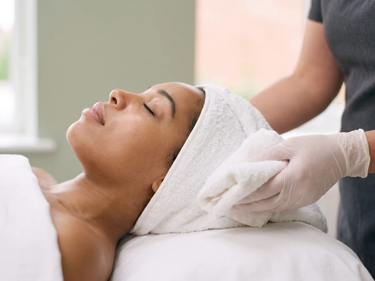 Warm towels applied during a dermaplaning facial